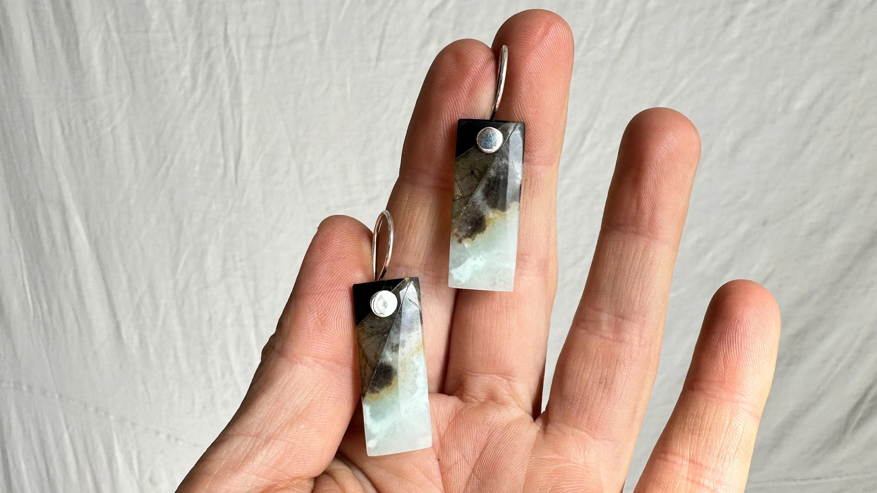 Amazonite Intarsia Earrings. Labradorite & Obsidian. Sterling Silver. 2256