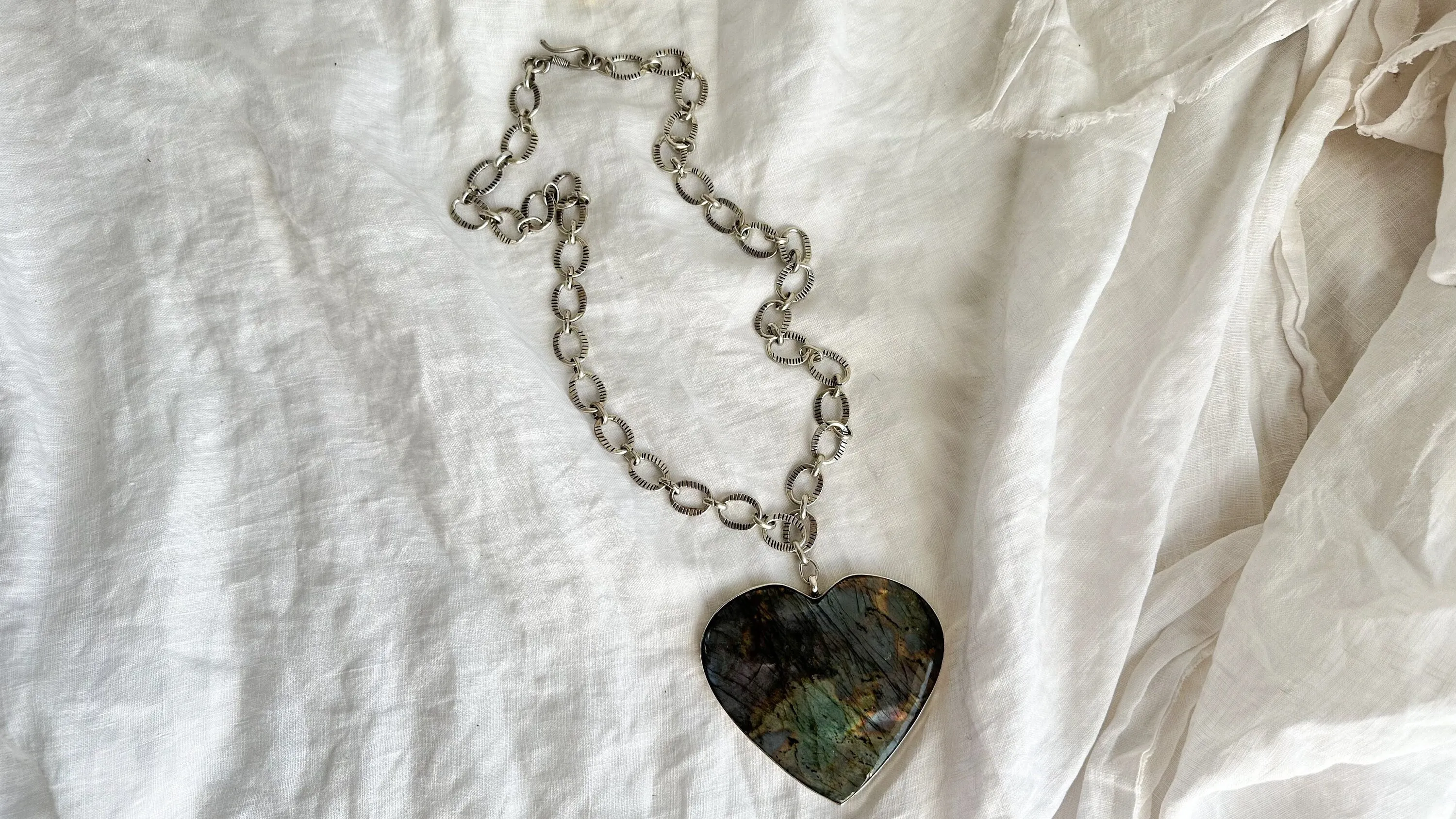 Huge Labradorite Heart Pendant Necklace. Chunky Silver Chain. Sterling Silver. 2288
