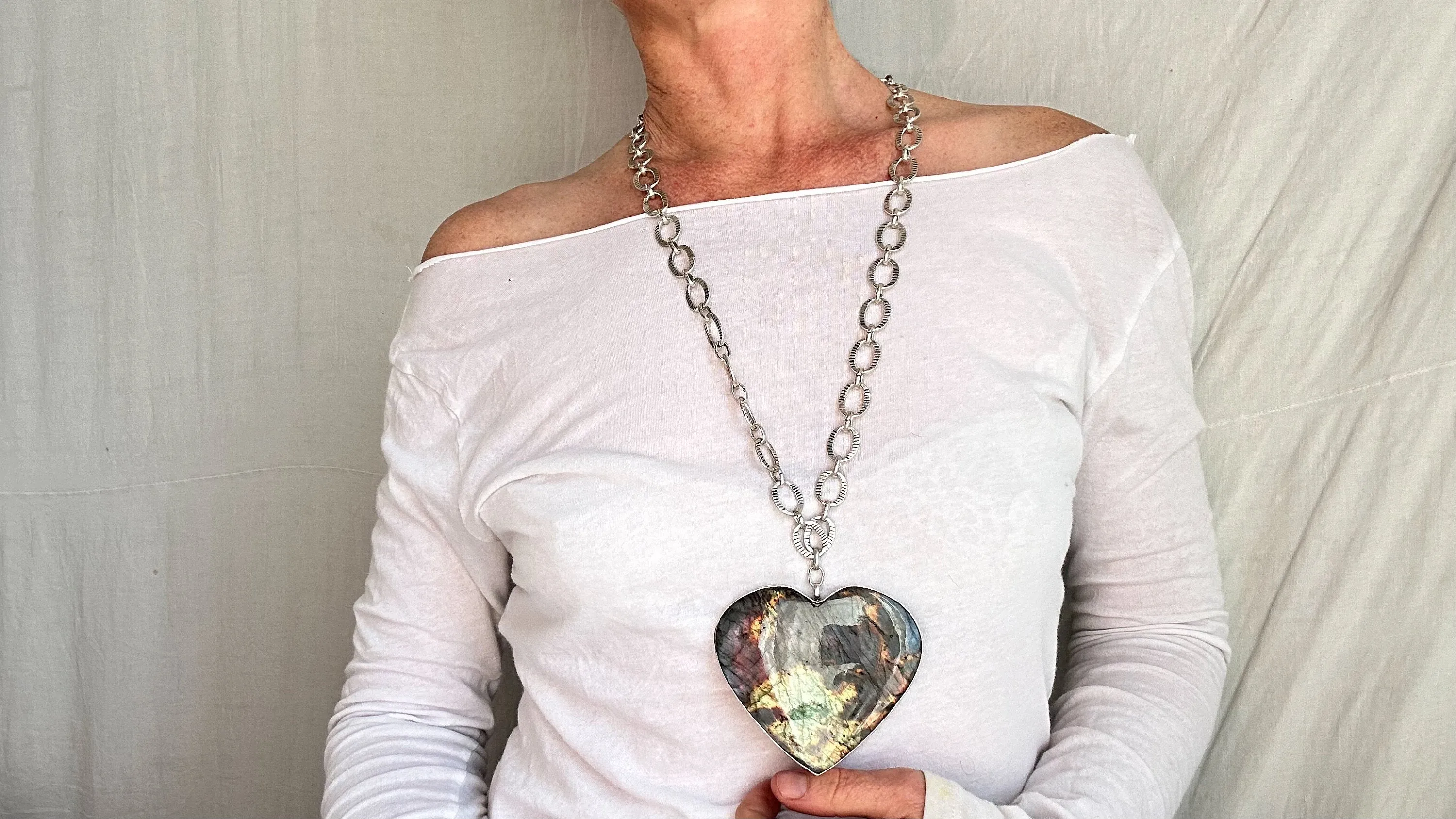 Huge Labradorite Heart Pendant Necklace. Chunky Silver Chain. Sterling Silver. 2288