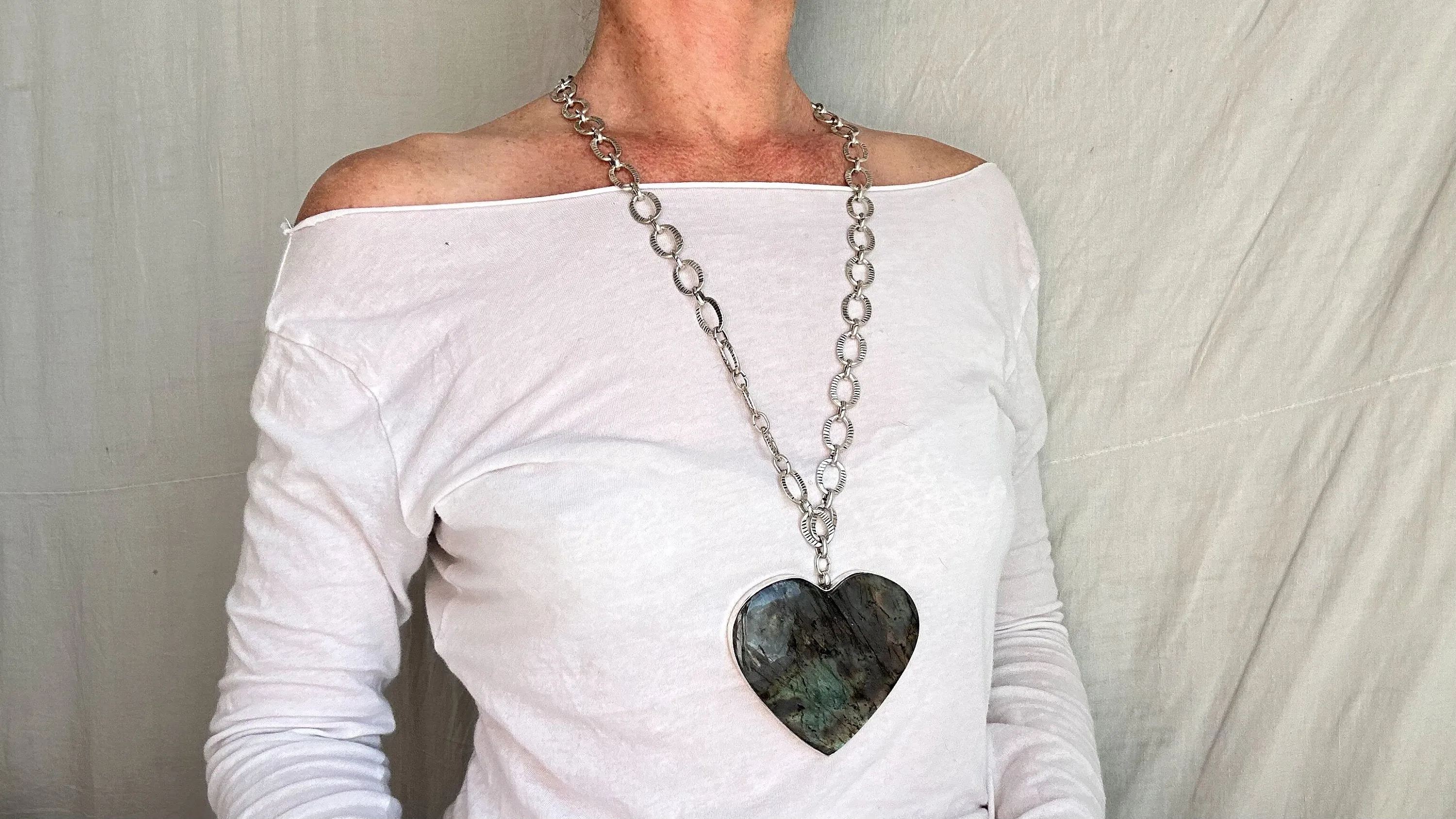 Huge Labradorite Heart Pendant Necklace. Chunky Silver Chain. Sterling Silver. 2288