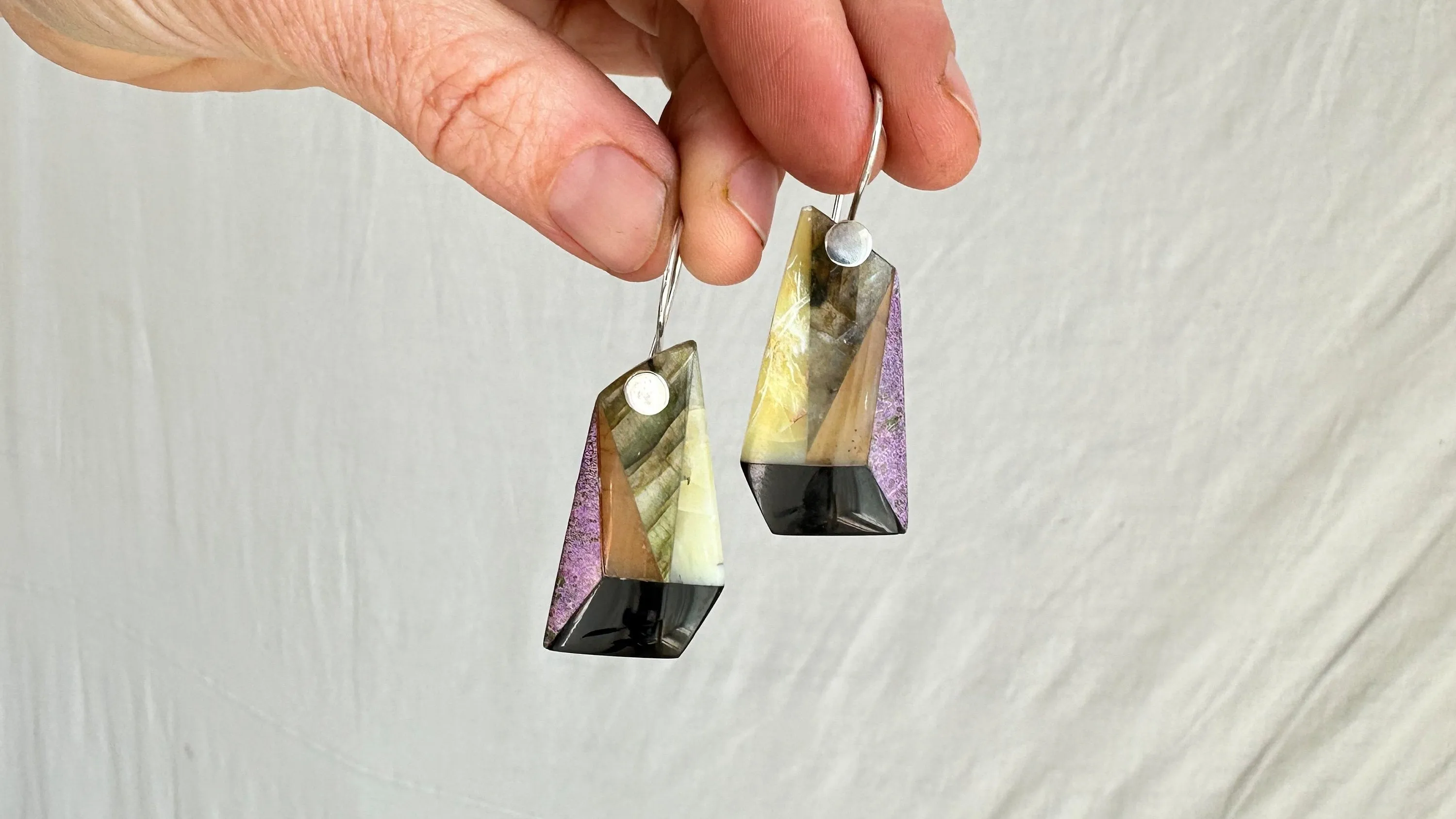 Intarsia Stone & Sterling Earrings. Labradorite, Sugilite, Obsidian. 0600