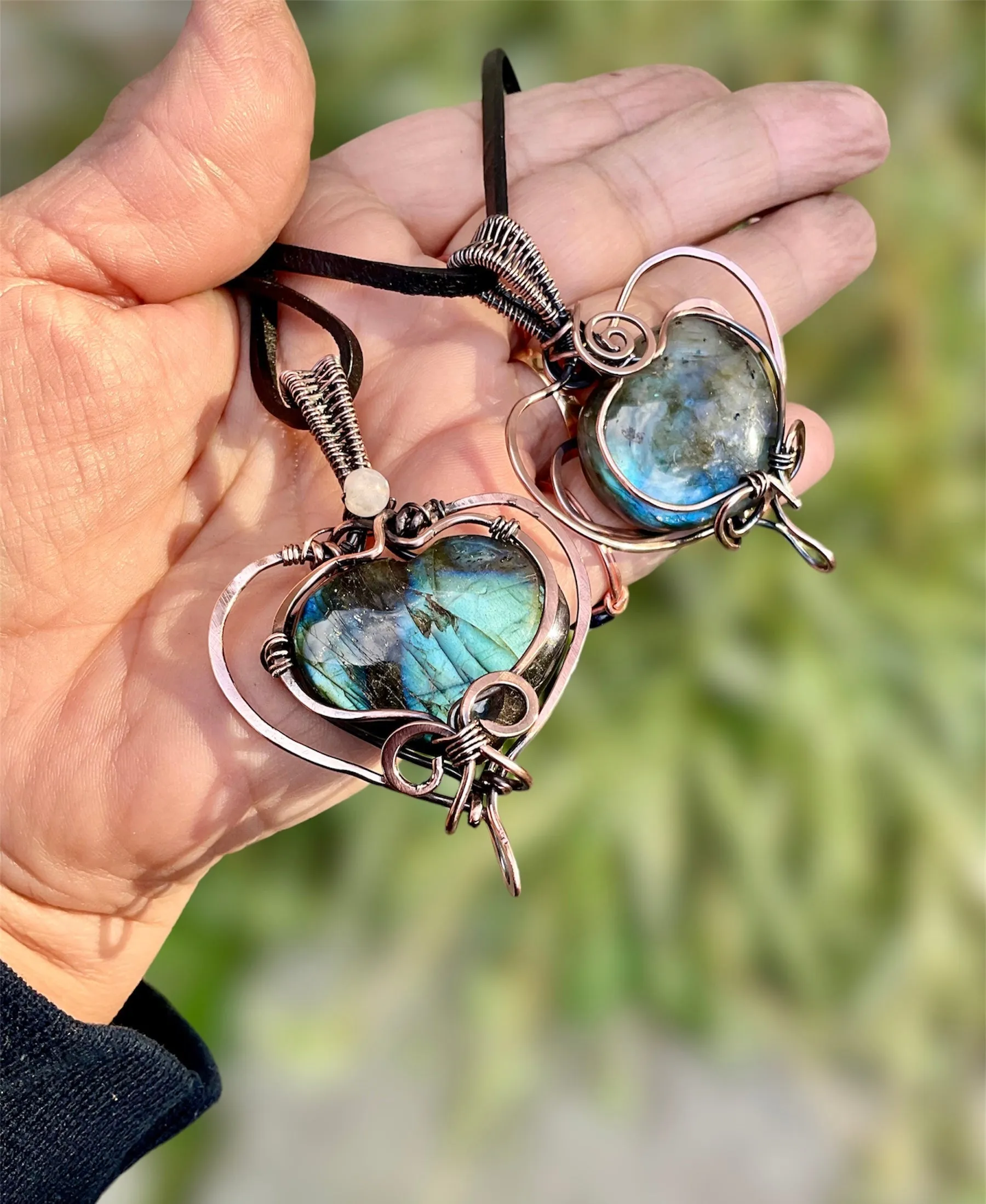 Labradorite Large Puffy Heart Wire Wrapped Pendants