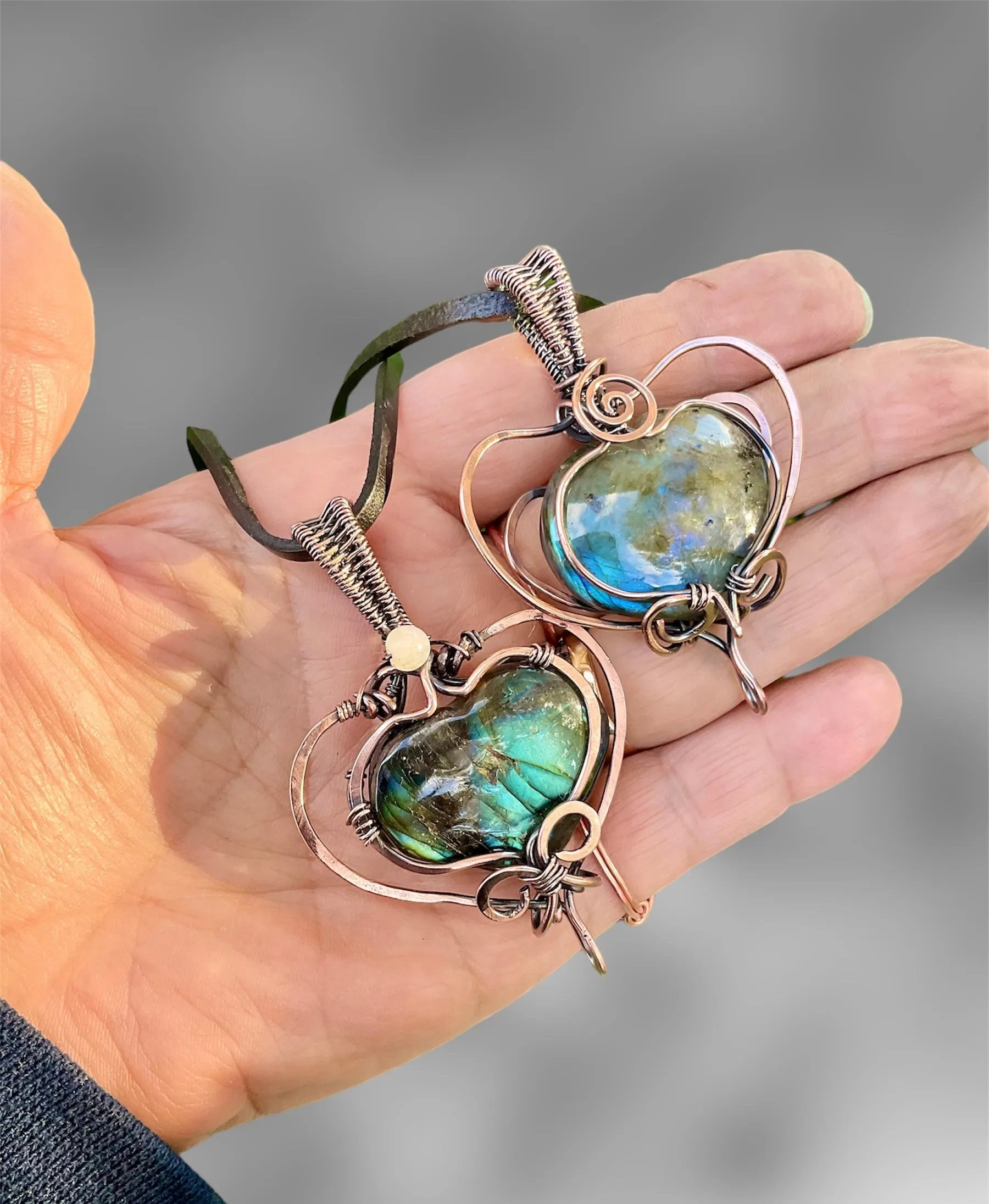 Labradorite Large Puffy Heart Wire Wrapped Pendants