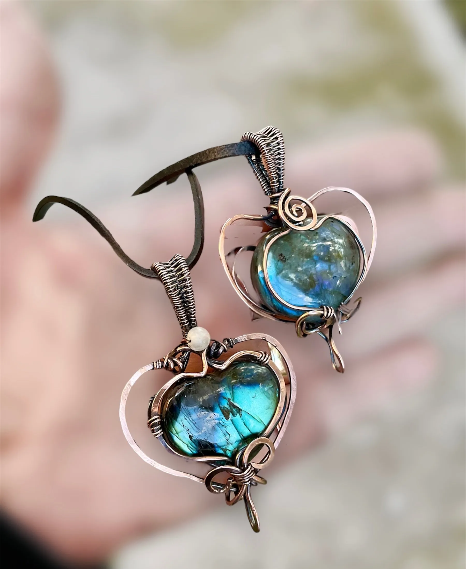Labradorite Large Puffy Heart Wire Wrapped Pendants