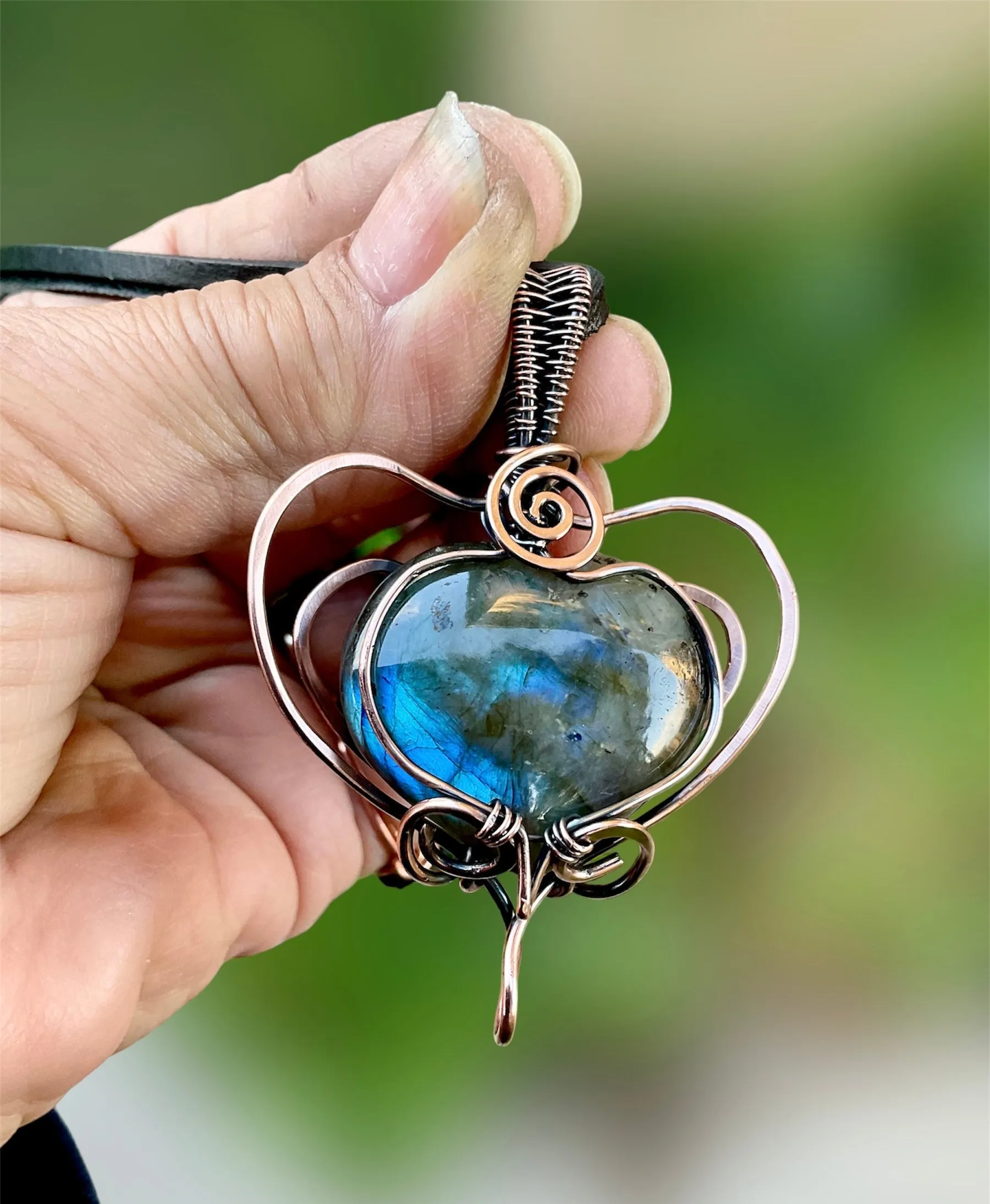 Labradorite Large Puffy Heart Wire Wrapped Pendants