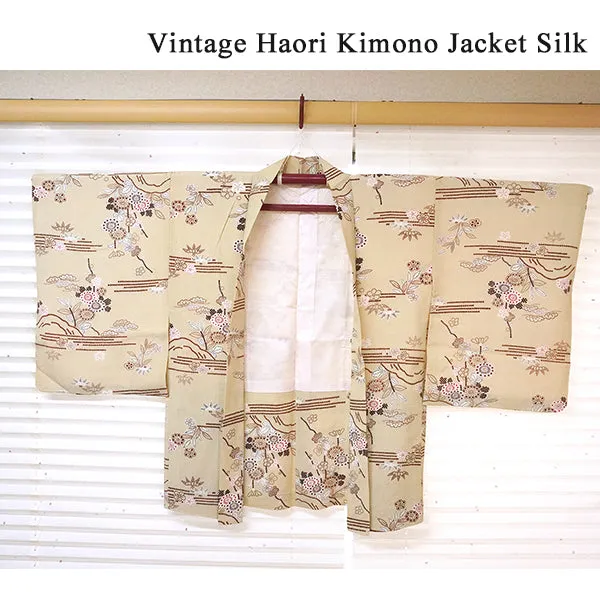 Vintage Haori Kimono Jacket Silk, Beige base, Pine, Bamboo, Plum & Chrysanthemums