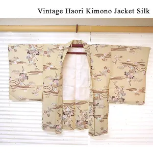 Vintage Haori Kimono Jacket Silk, Beige base, Pine, Bamboo, Plum & Chrysanthemums