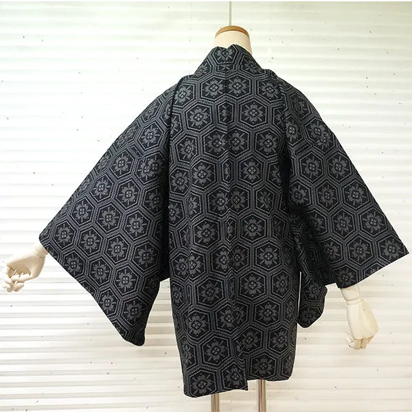 Vintage Haori Kimono Jacket Silk, Black base, Hanakikkō (Flower Hexagon) Pattern