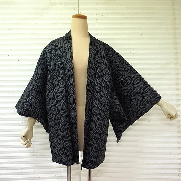 Vintage Haori Kimono Jacket Silk, Black base, Hanakikkō (Flower Hexagon) Pattern