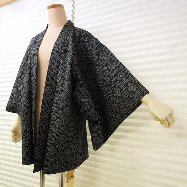 Vintage Haori Kimono Jacket Silk, Black base, Hanakikkō (Flower Hexagon) Pattern