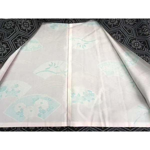 Vintage Haori Kimono Jacket Silk, Black base, Hanakikkō (Flower Hexagon) Pattern