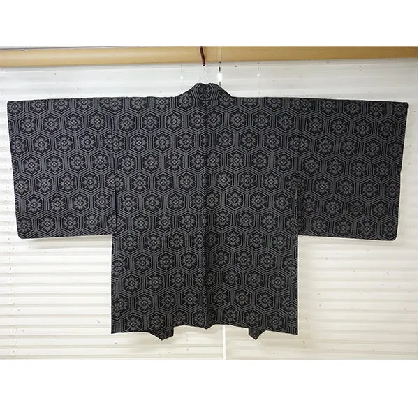 Vintage Haori Kimono Jacket Silk, Black base, Hanakikkō (Flower Hexagon) Pattern