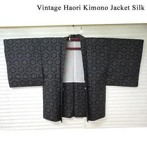 Vintage Haori Kimono Jacket Silk, Black base, Hanakikkō (Flower Hexagon) Pattern