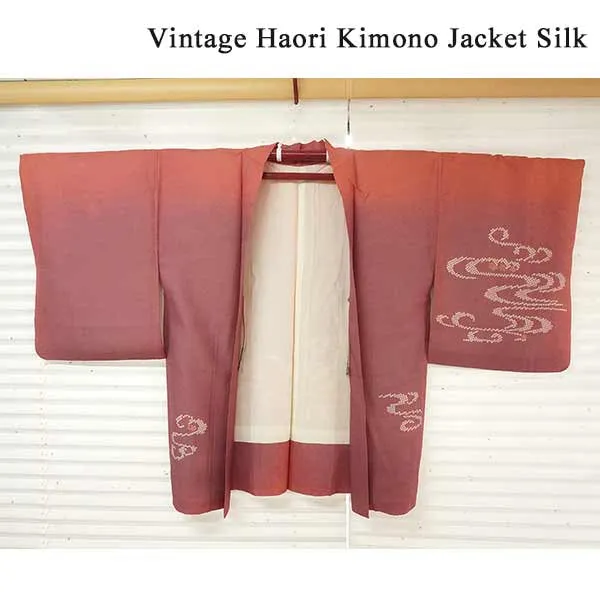 Vintage Haori Kimono Jacket Silk, Deep Red base, Wave Pattern