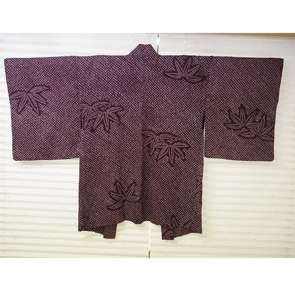 Vintage Haori Kimono Jacket Silk, Deep Red-Purple base,  bamboom