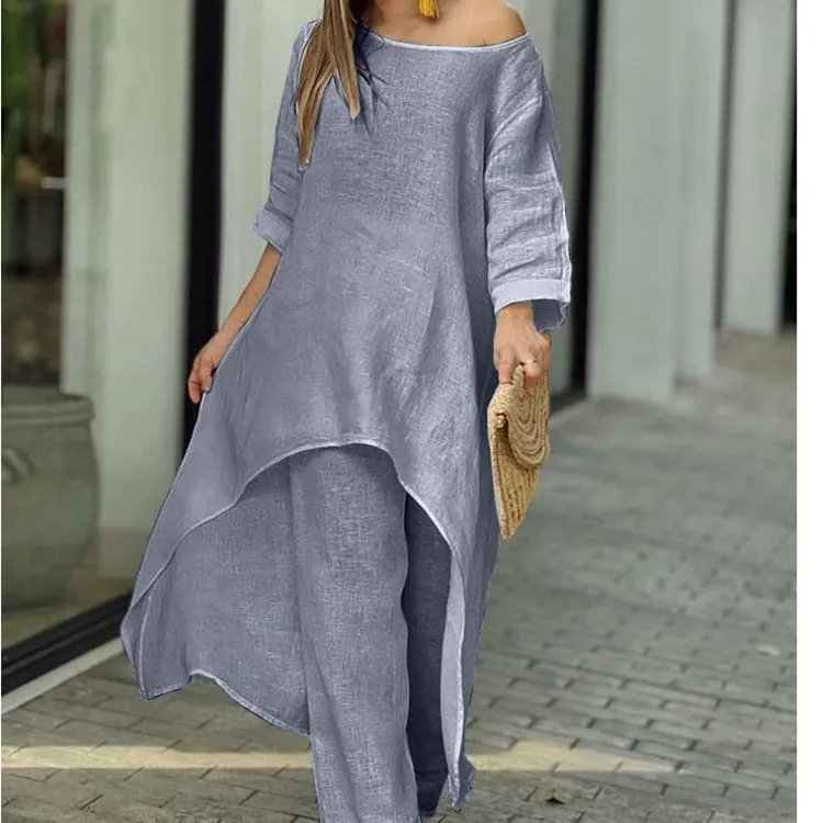 Women's Solid Color Linen Fashionable Casual Suit